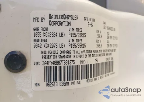 2007 Chrysler Pt Cruiser z USA, uszkodzony, nr VIN 3A4FY48B87T631375